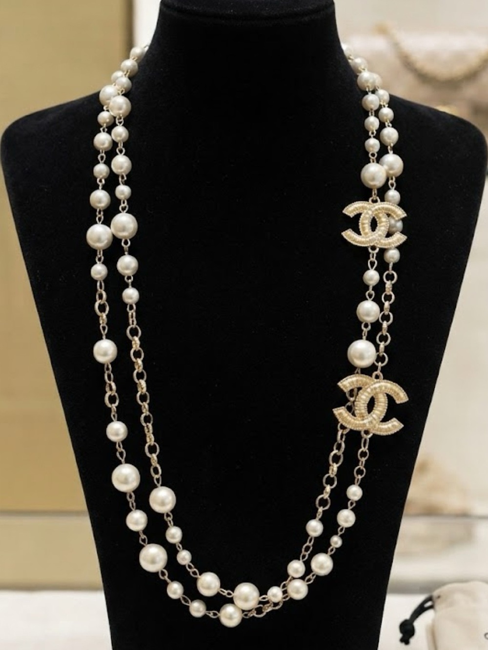 Brand new fashion Pearl Double Long Necklace - White Pearls & Gold